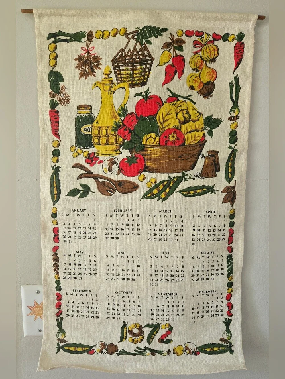 Vintage 1972 Calendar Linen Tea Towel w/ Rod to Hang Kitchen Veggies Theme